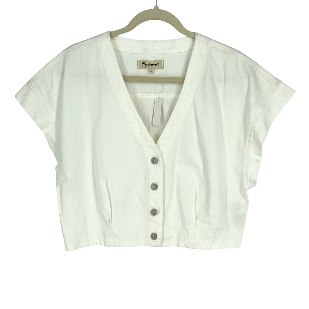 Madewell White V-Neck Cropped Button Front Top